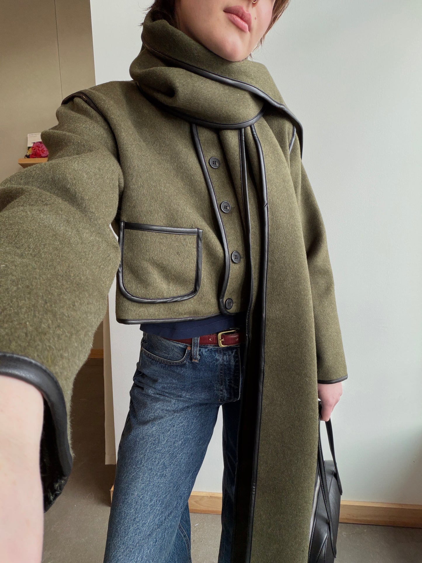 Olive Leather Trim Cropped Jacket + Matching Scarf