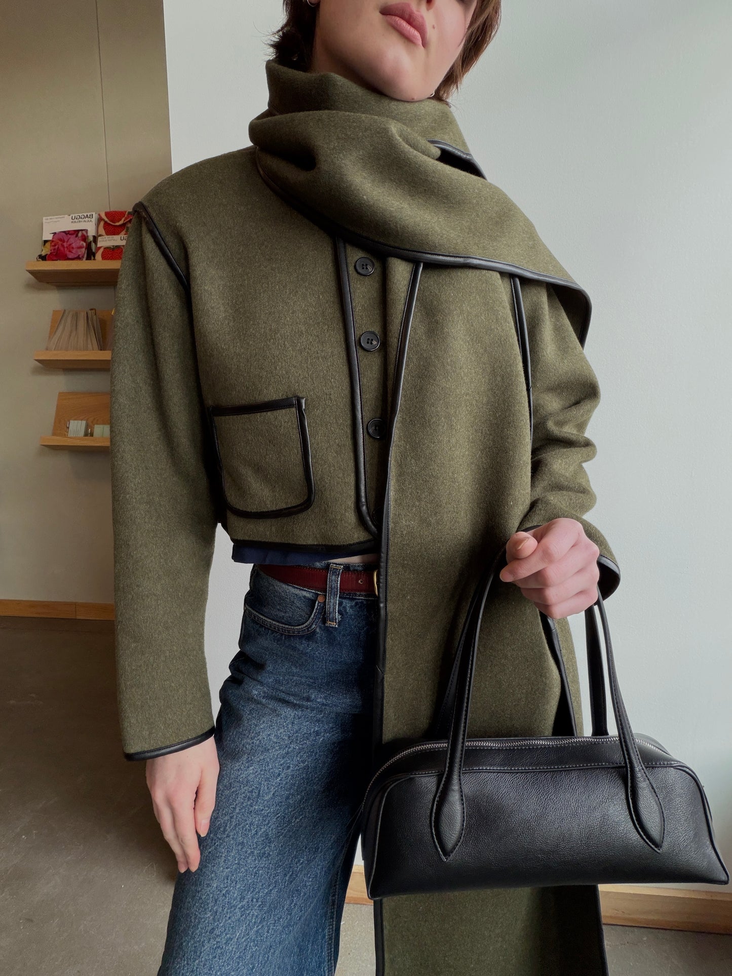 Olive Leather Trim Cropped Jacket + Matching Scarf