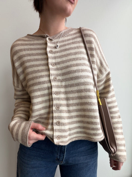 Striped Rolled Hem Drop Shoulder Knit Cardigan