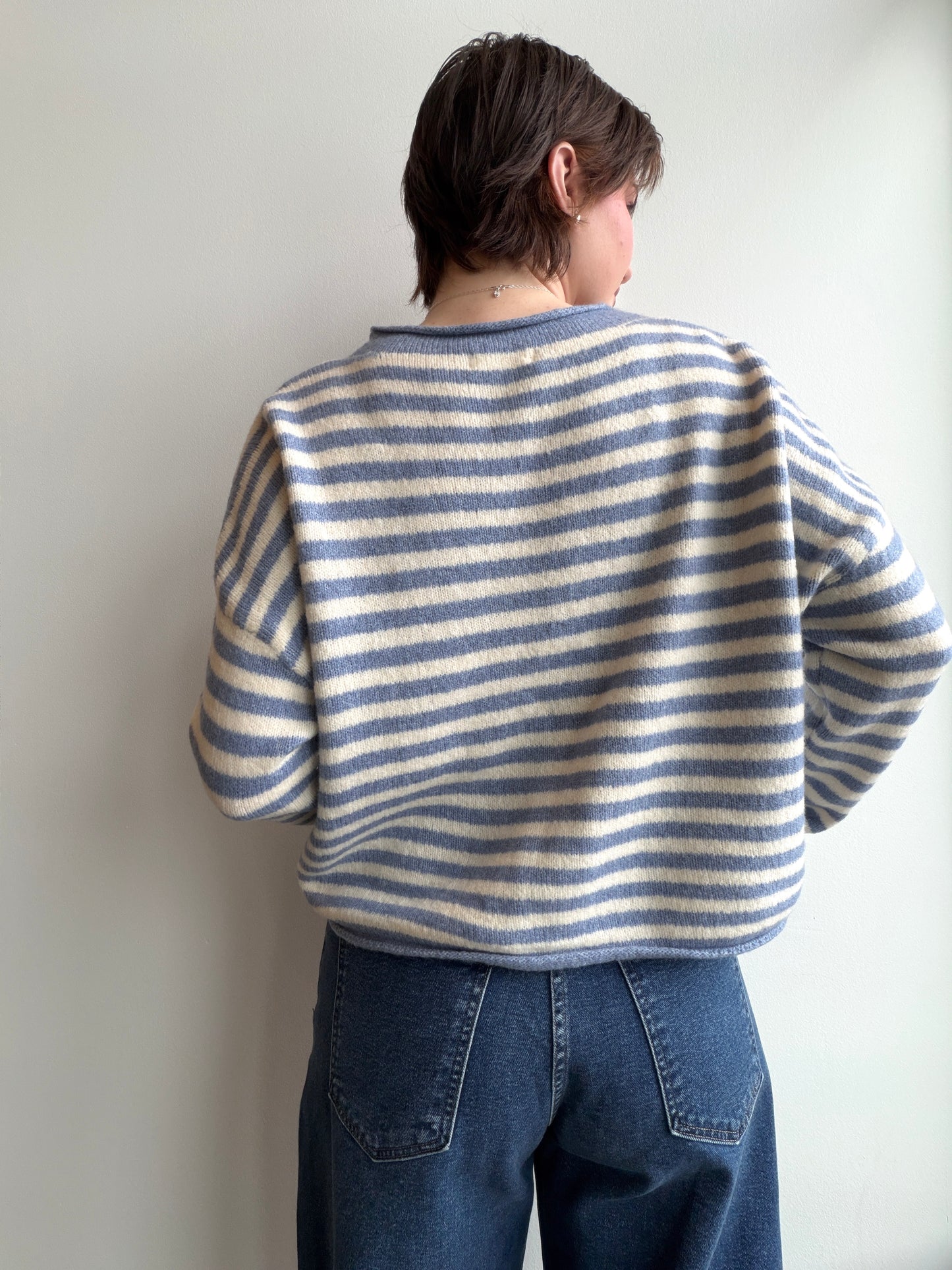 Striped Rolled Hem Drop Shoulder Knit Cardigan
