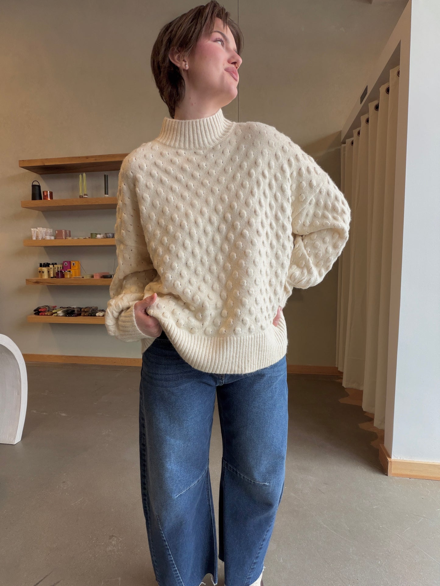 Ivory Popcorn Knit Mock Neck Pullover