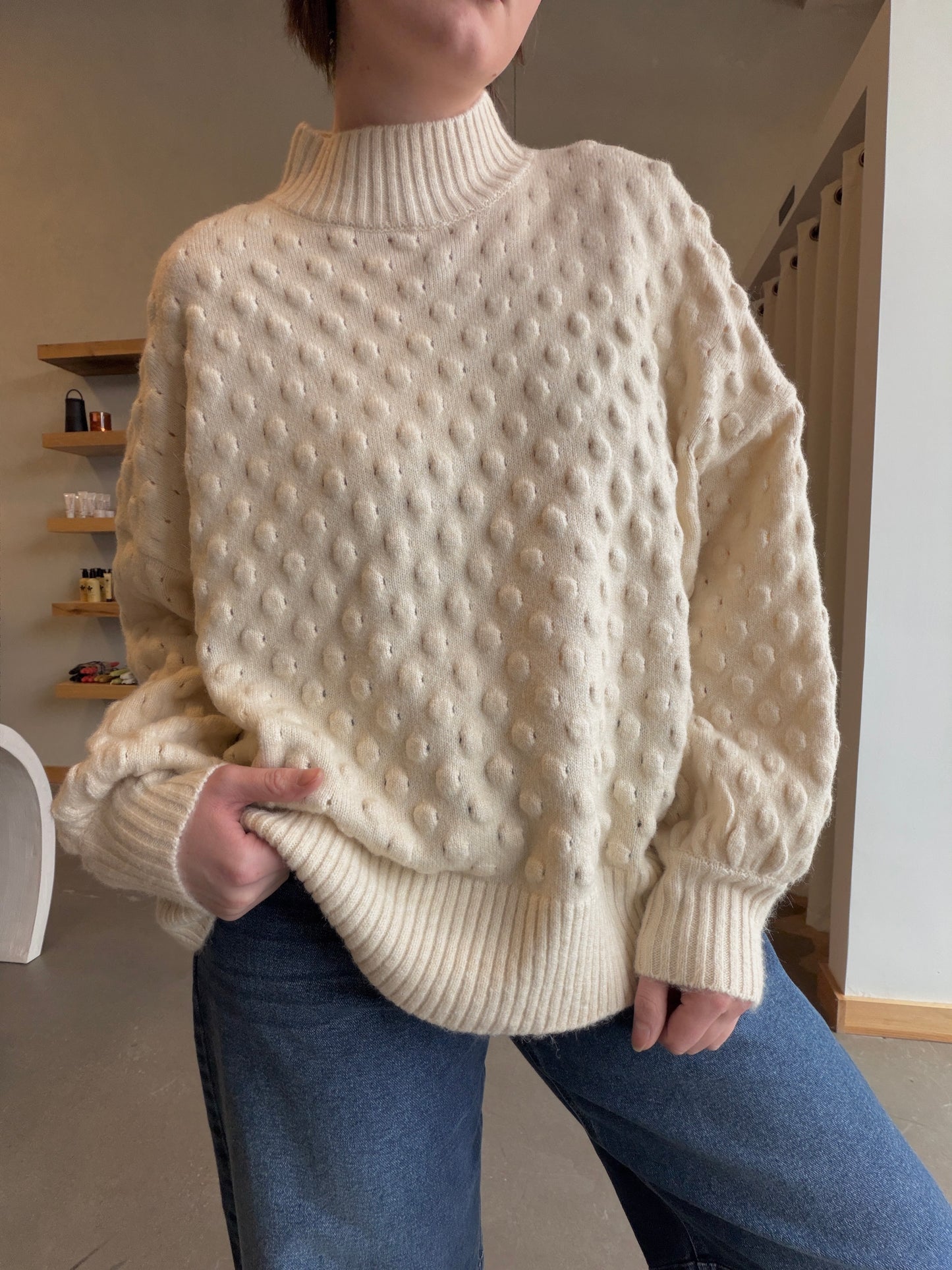 Ivory Popcorn Knit Mock Neck Pullover