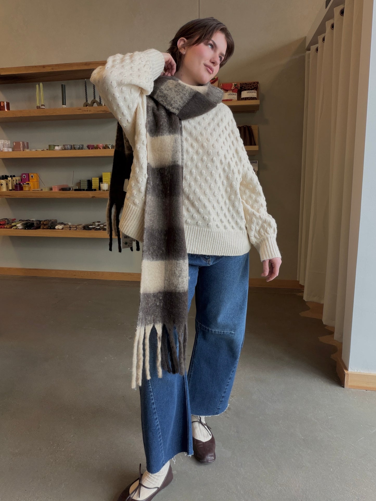 Ivory Popcorn Knit Mock Neck Pullover