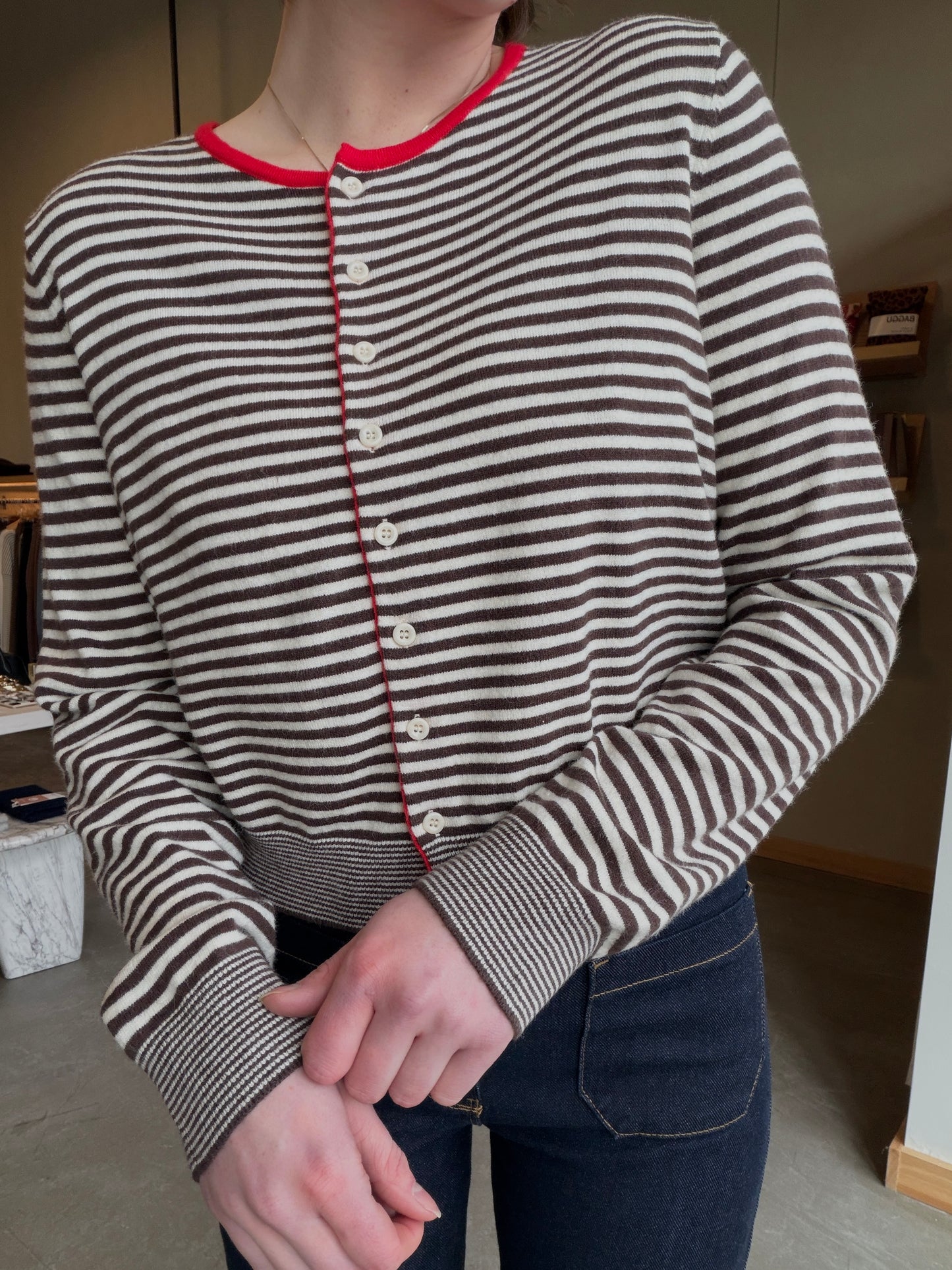 Striped Button Down Round Neck Cardigan