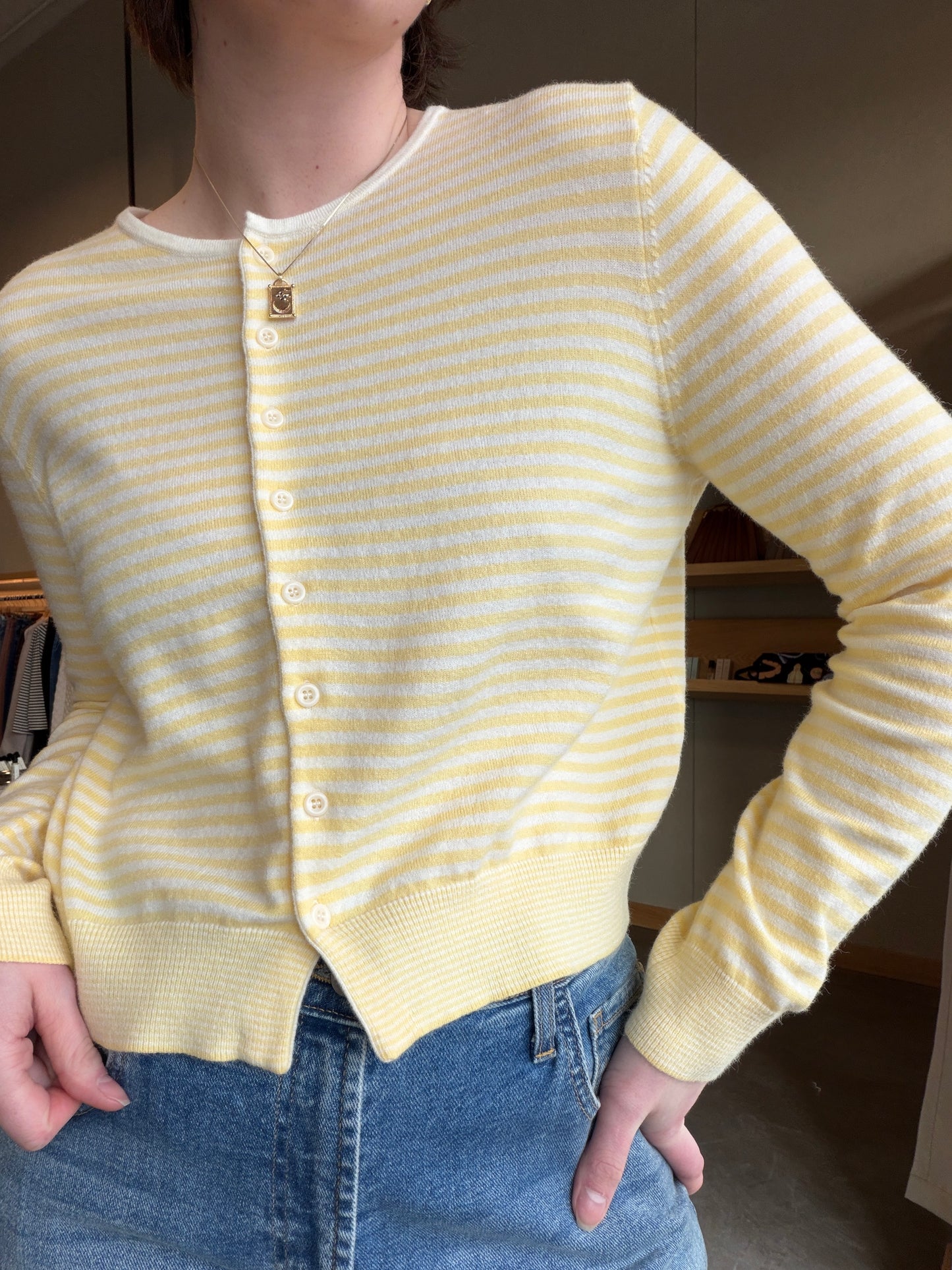 Striped Button Down Round Neck Cardigan