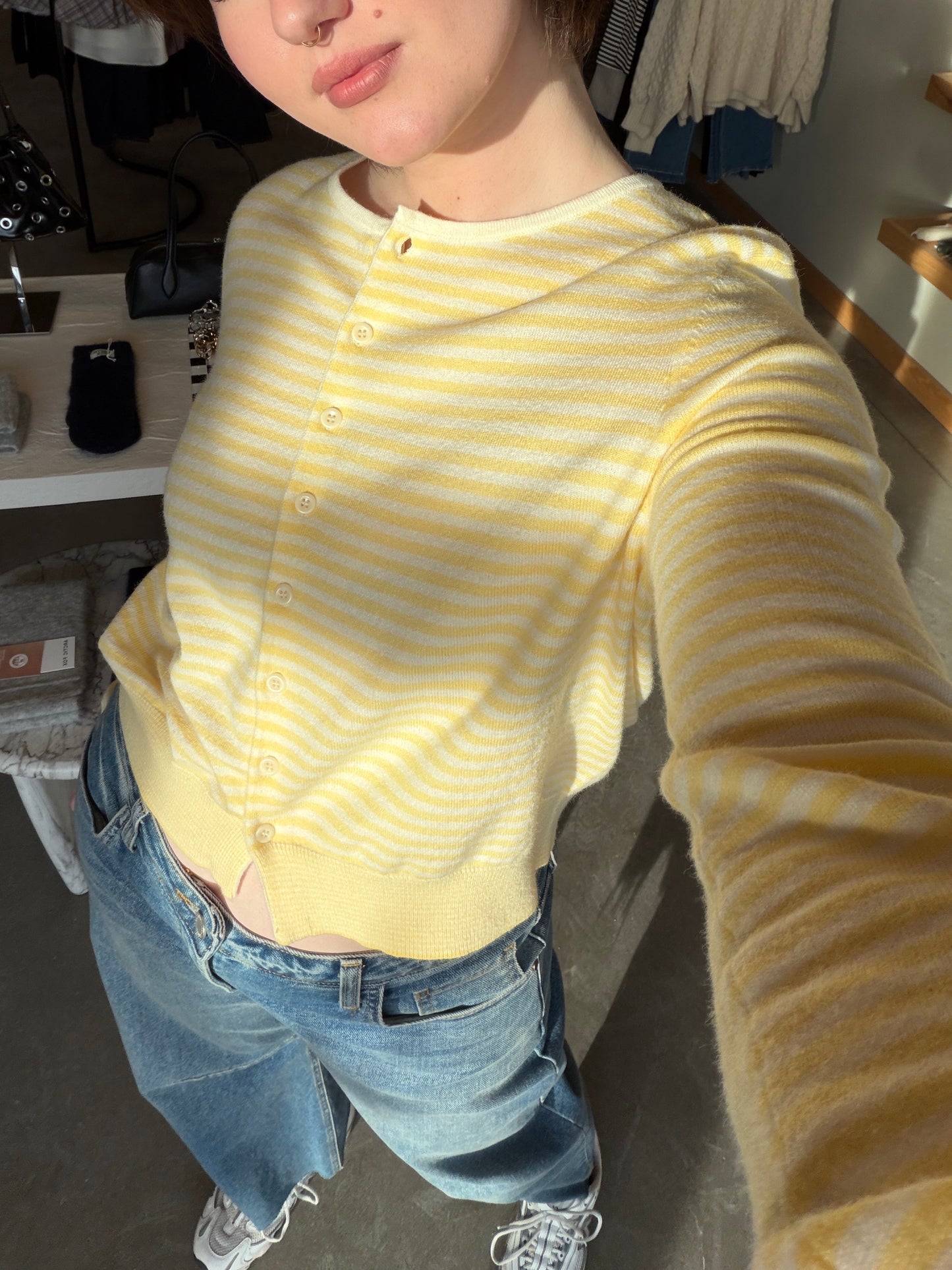 Striped Button Down Round Neck Cardigan