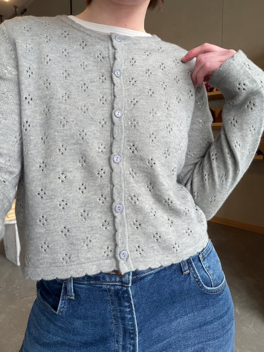 Grey Scalloped Edge Pointelle Cardigan