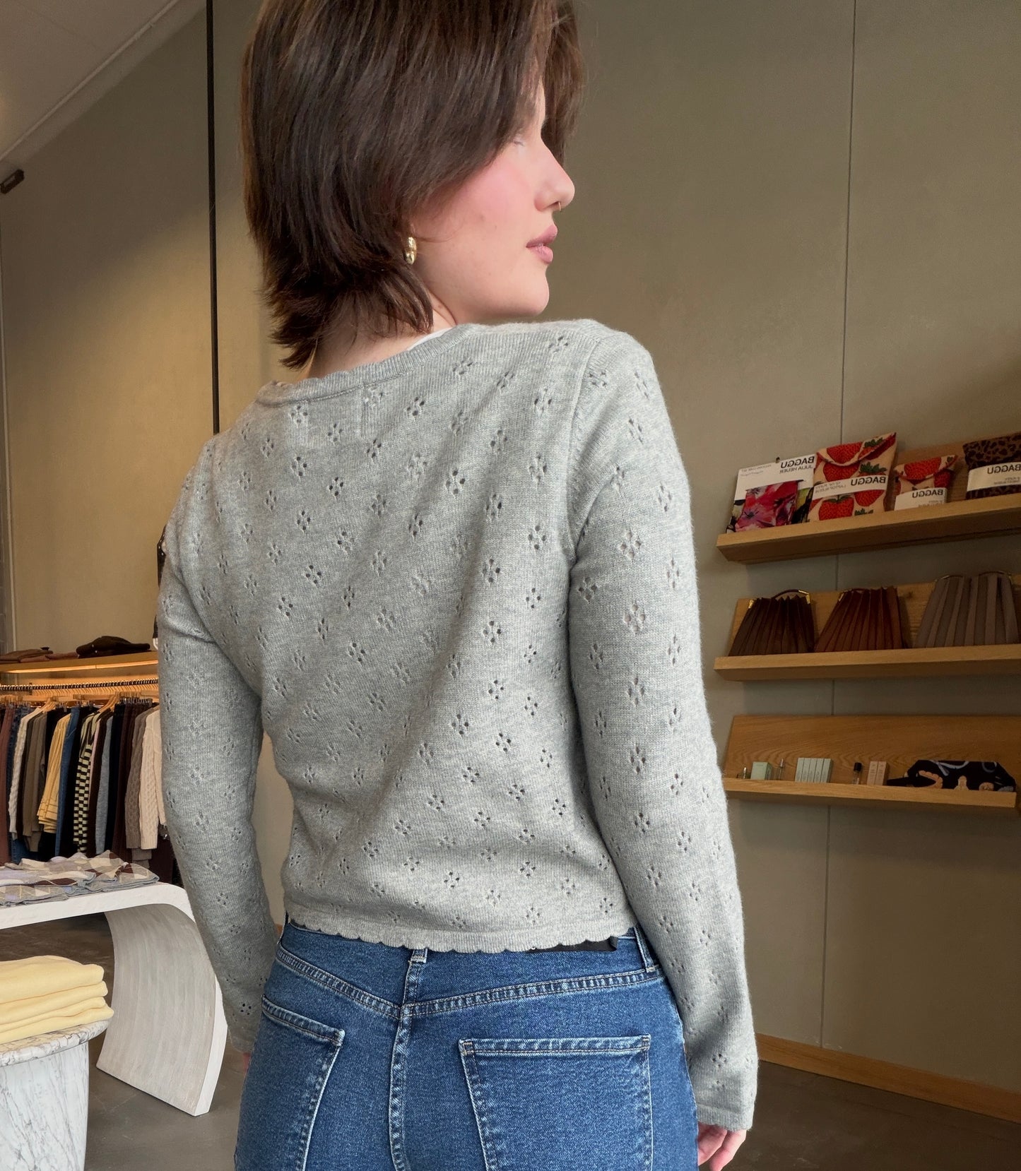 Grey Scalloped Edge Pointelle Cardigan