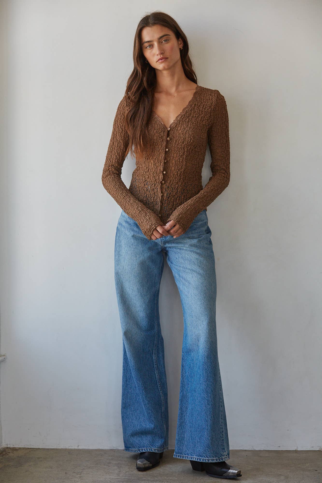 Brown Lace Button Front Blouse