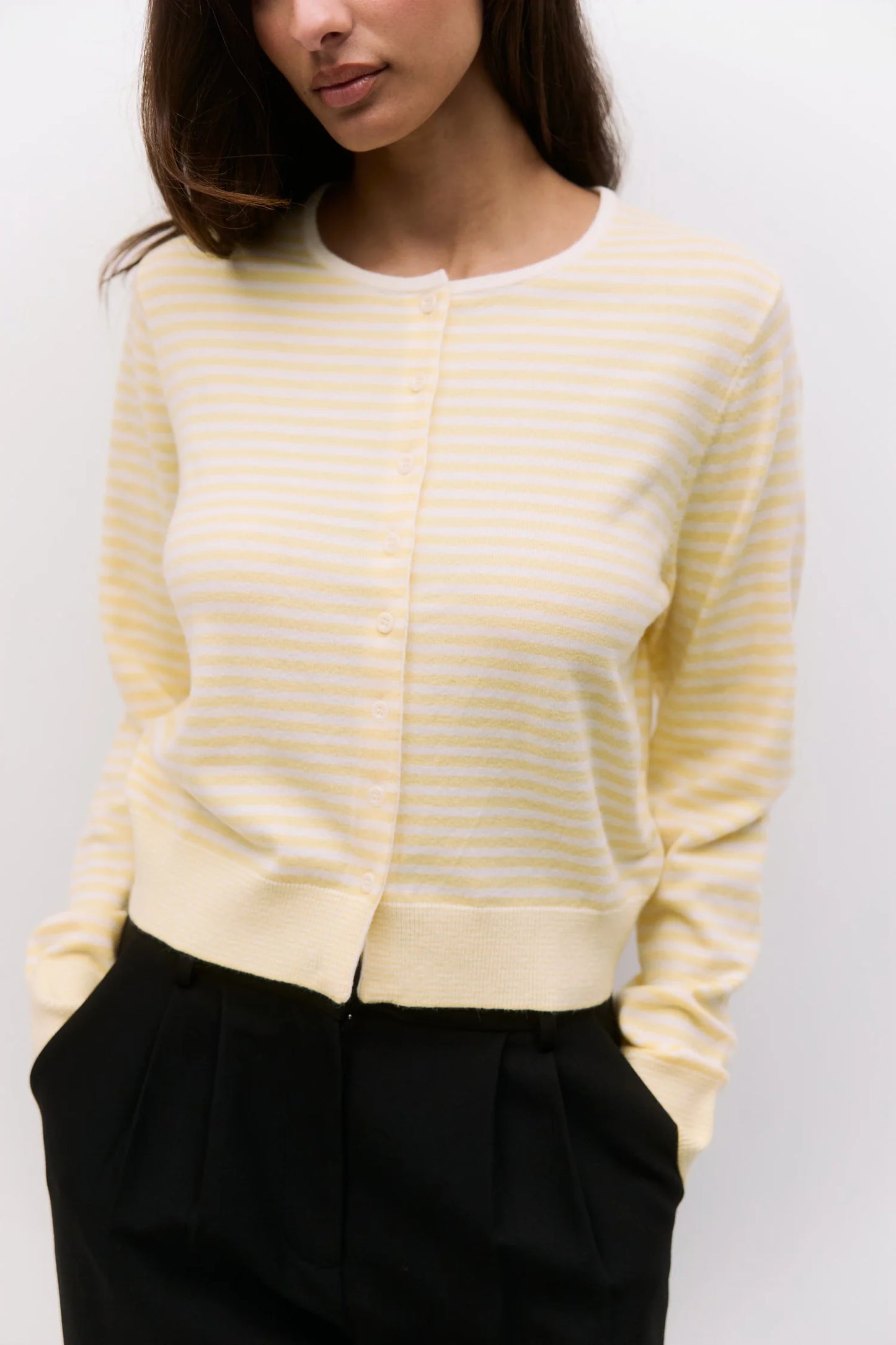 Striped Button Down Round Neck Cardigan