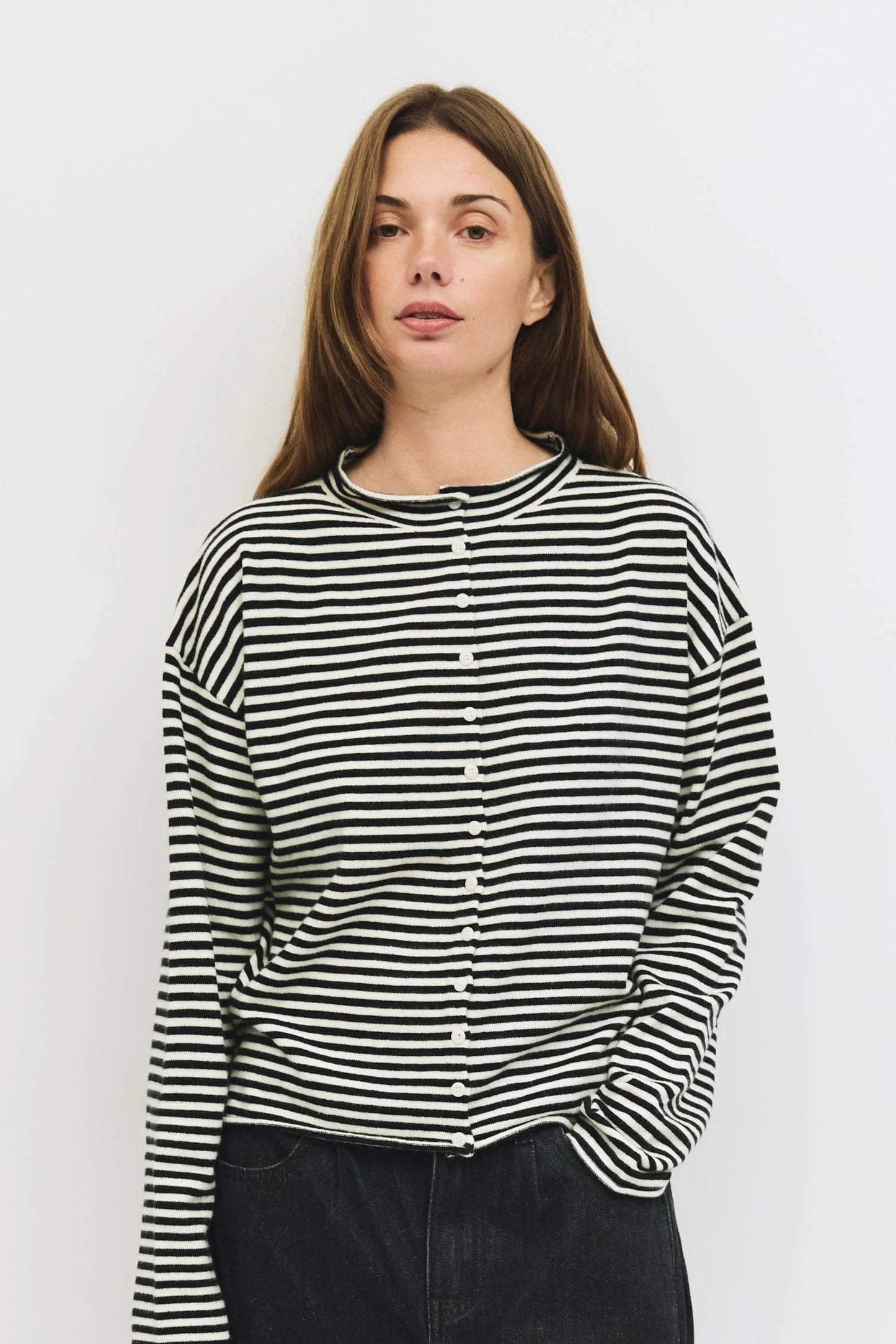 Rolled Edge Striped Button-Down Cardigan