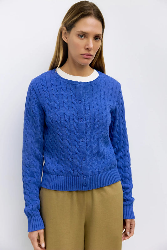 Cotton Cable Knit Crewneck Cardigan