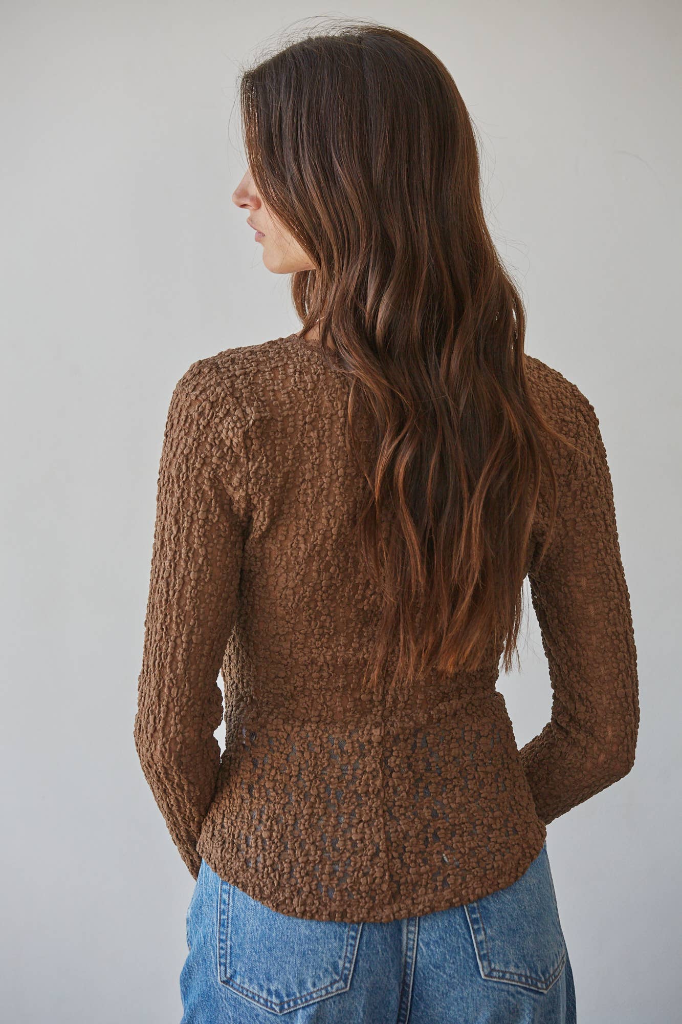 Brown Lace Button Front Blouse