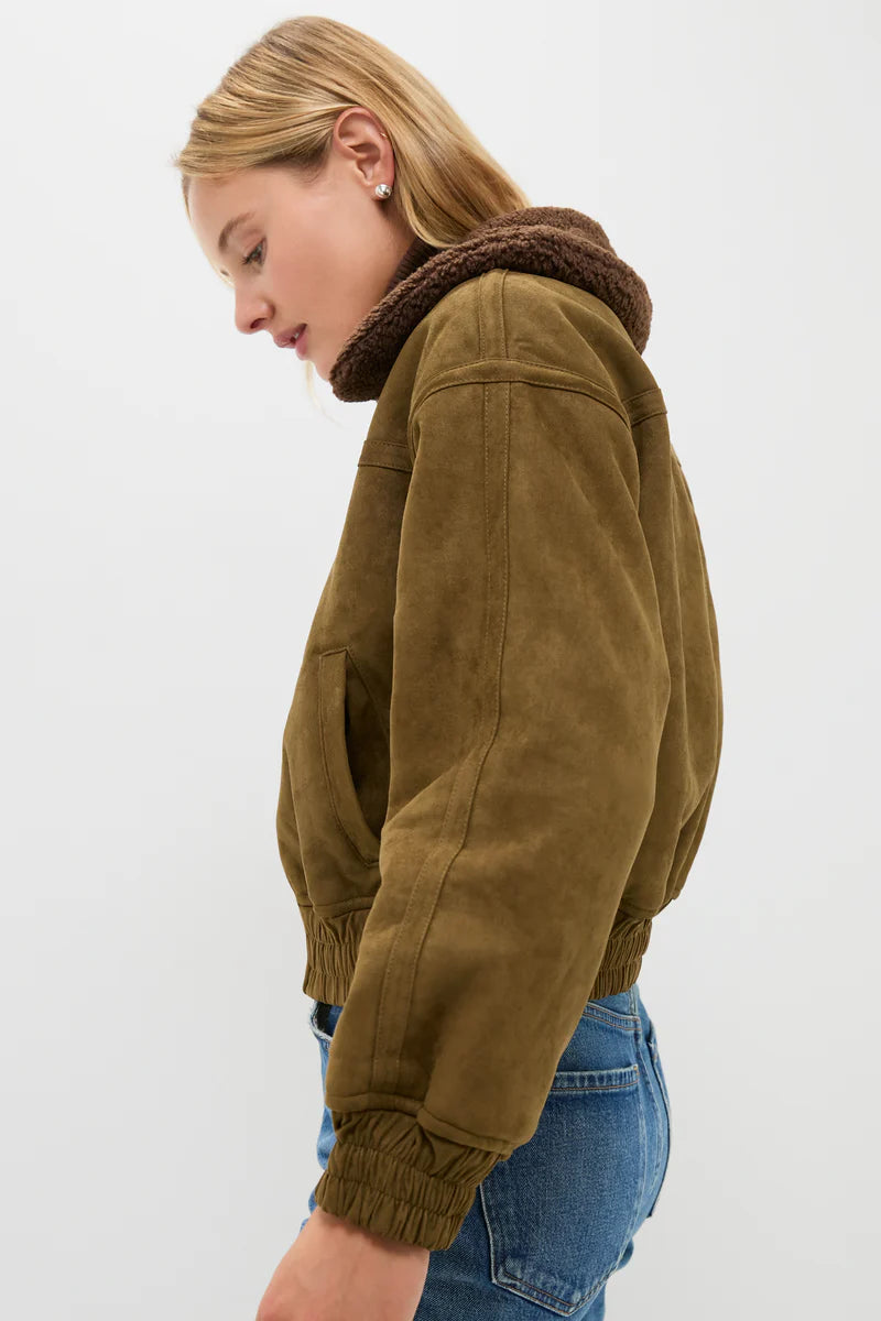 Olive Suede Teddy Collar Bomber Jacket