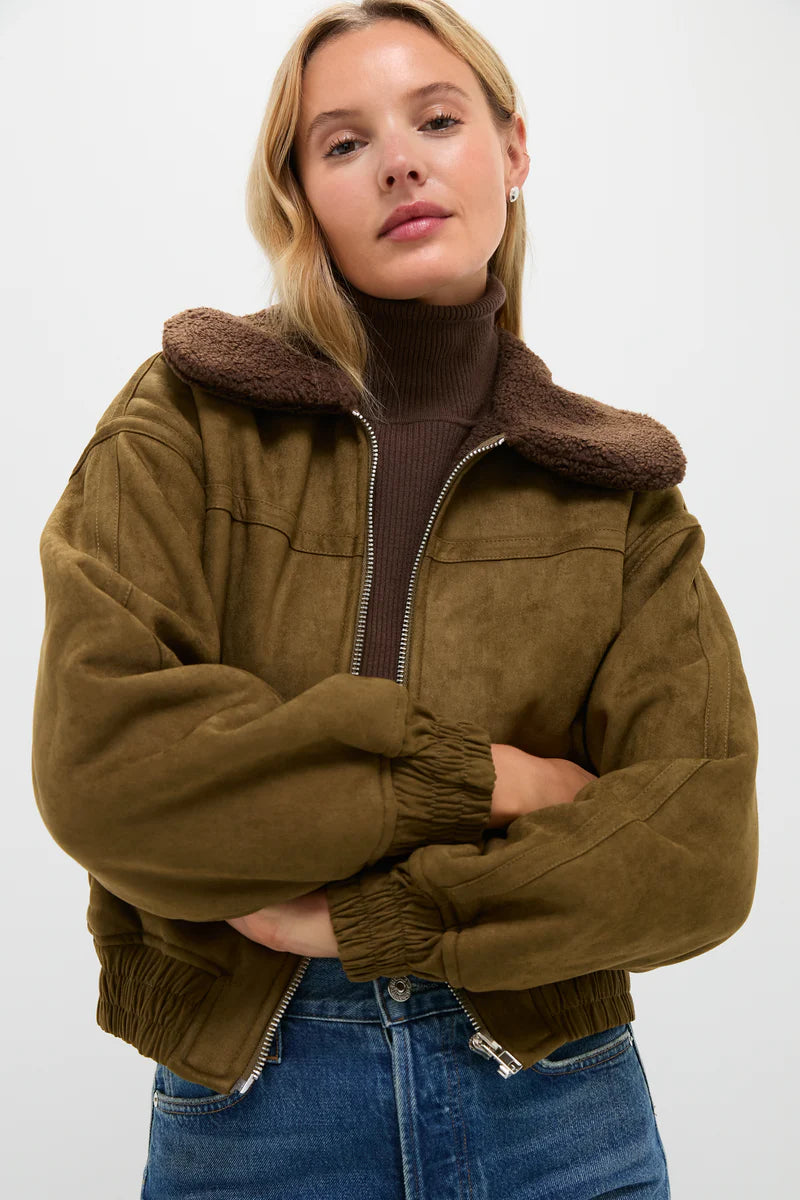 Olive Suede Teddy Collar Bomber Jacket