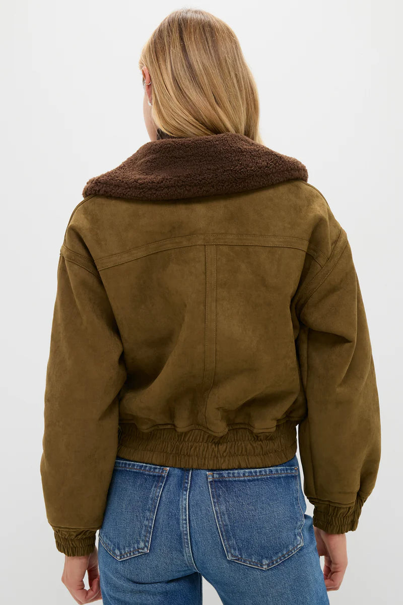 Olive Suede Teddy Collar Bomber Jacket