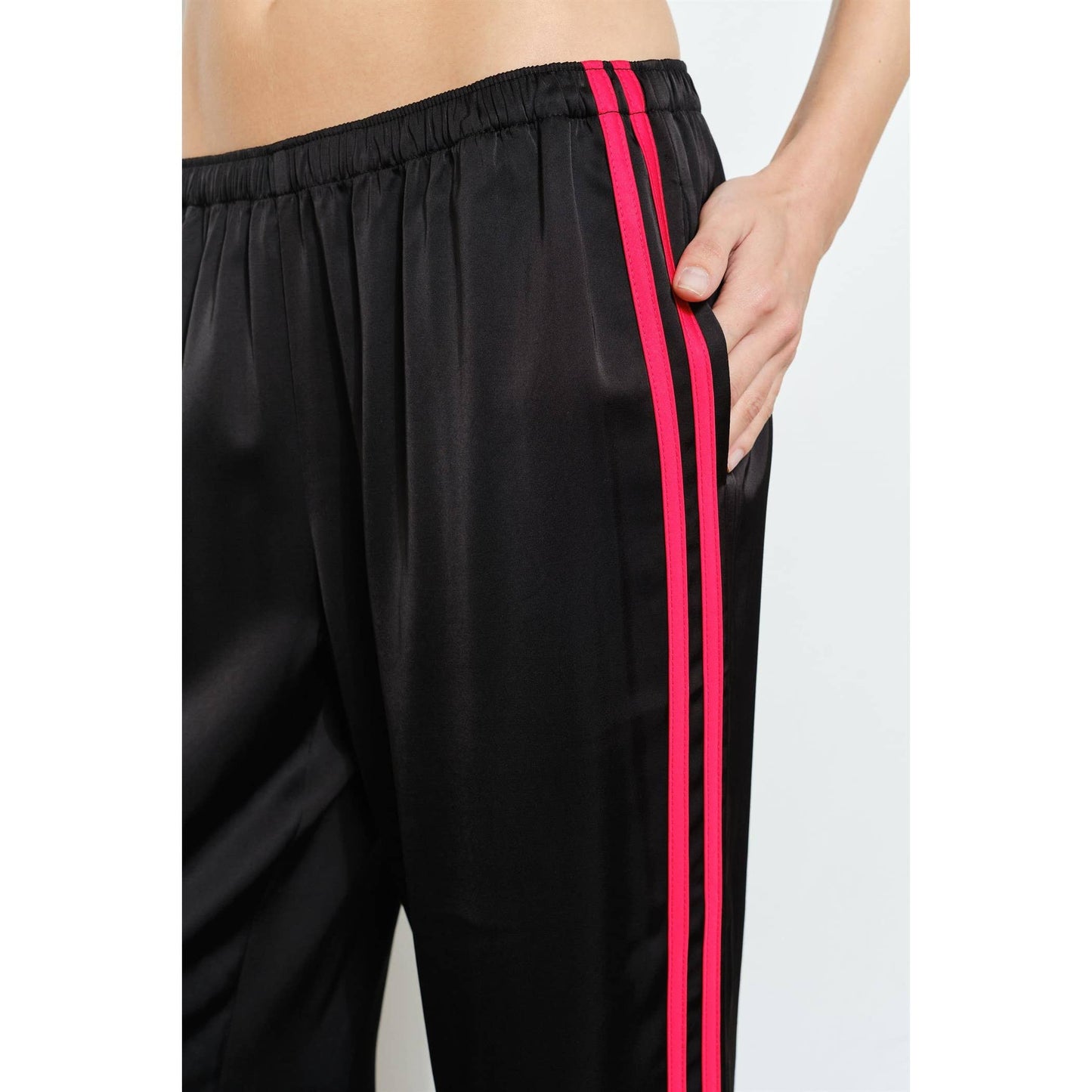 Black Satin Red Side Stripe Track Pants