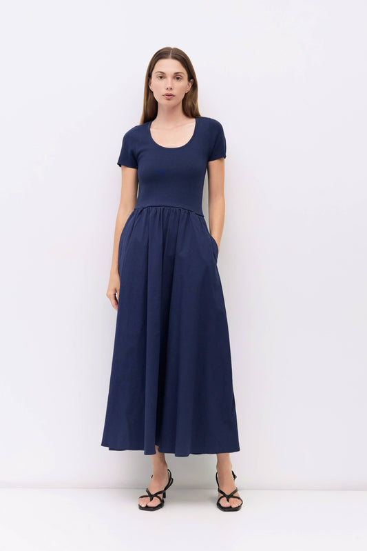 Navy Knit Short Sleeve Mixed Media Midi Dress