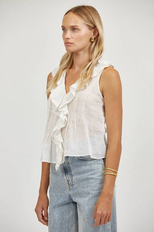 White Linen Ruffle V-Neck Sleeveless Top