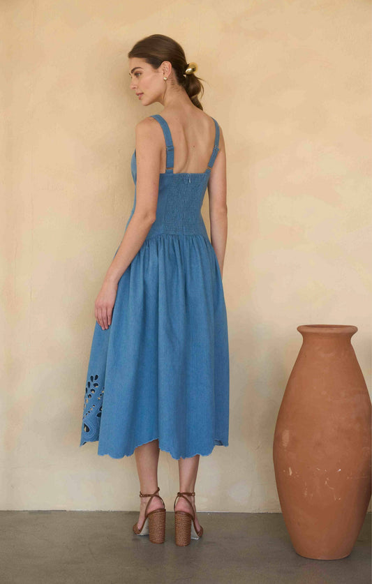 Denim V-Neck Eyelet Detail Midi Dress