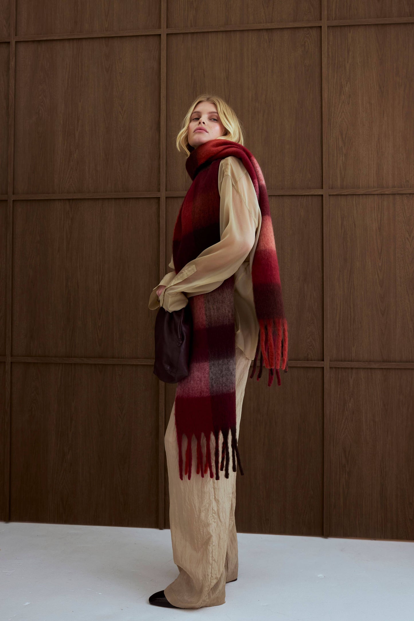 Burgundy Brushed Plaid Oversized Scarf