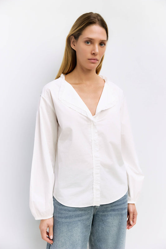 White Ruffle Button-Down Shirt