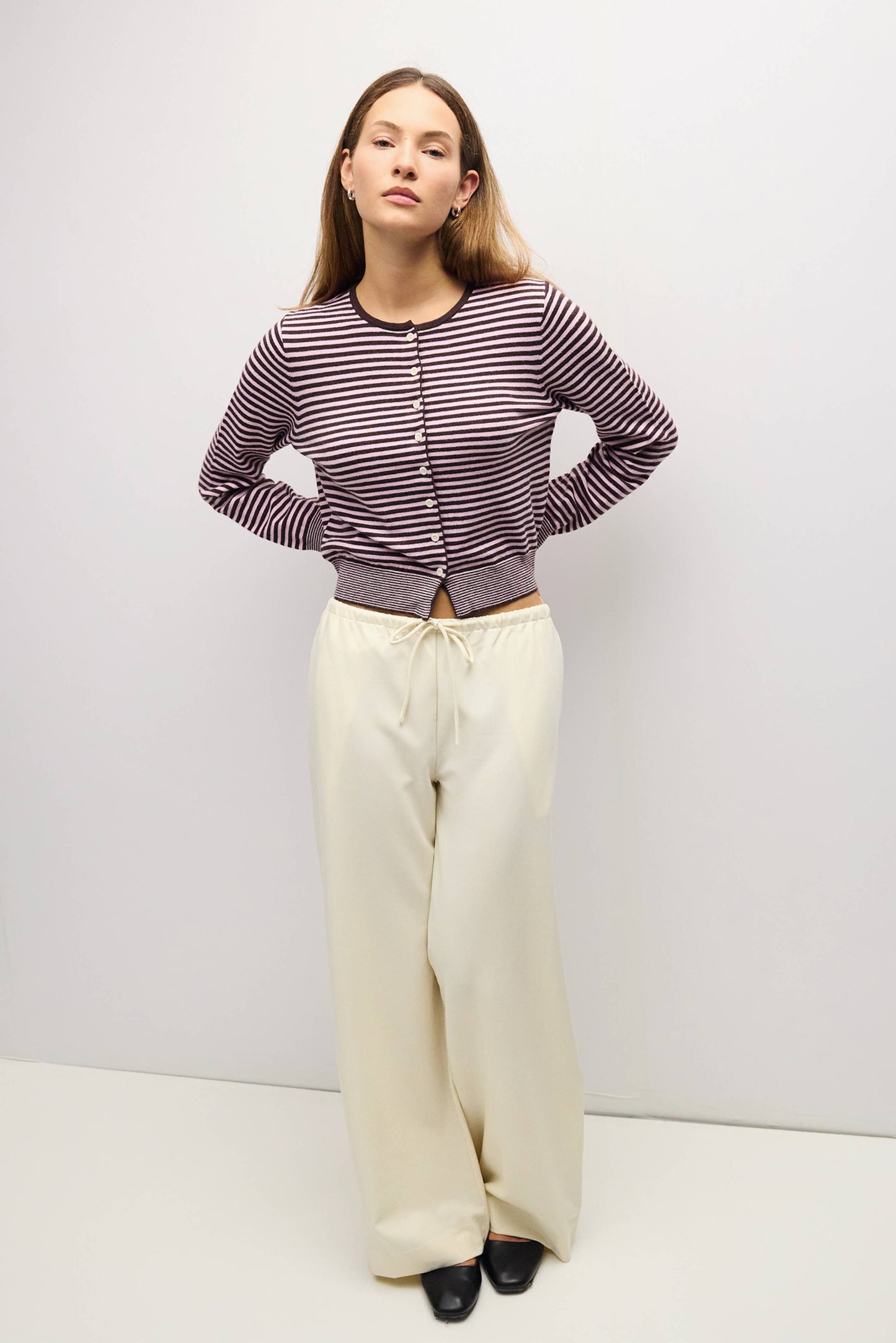 Striped Button Down Round Neck Cardigan
