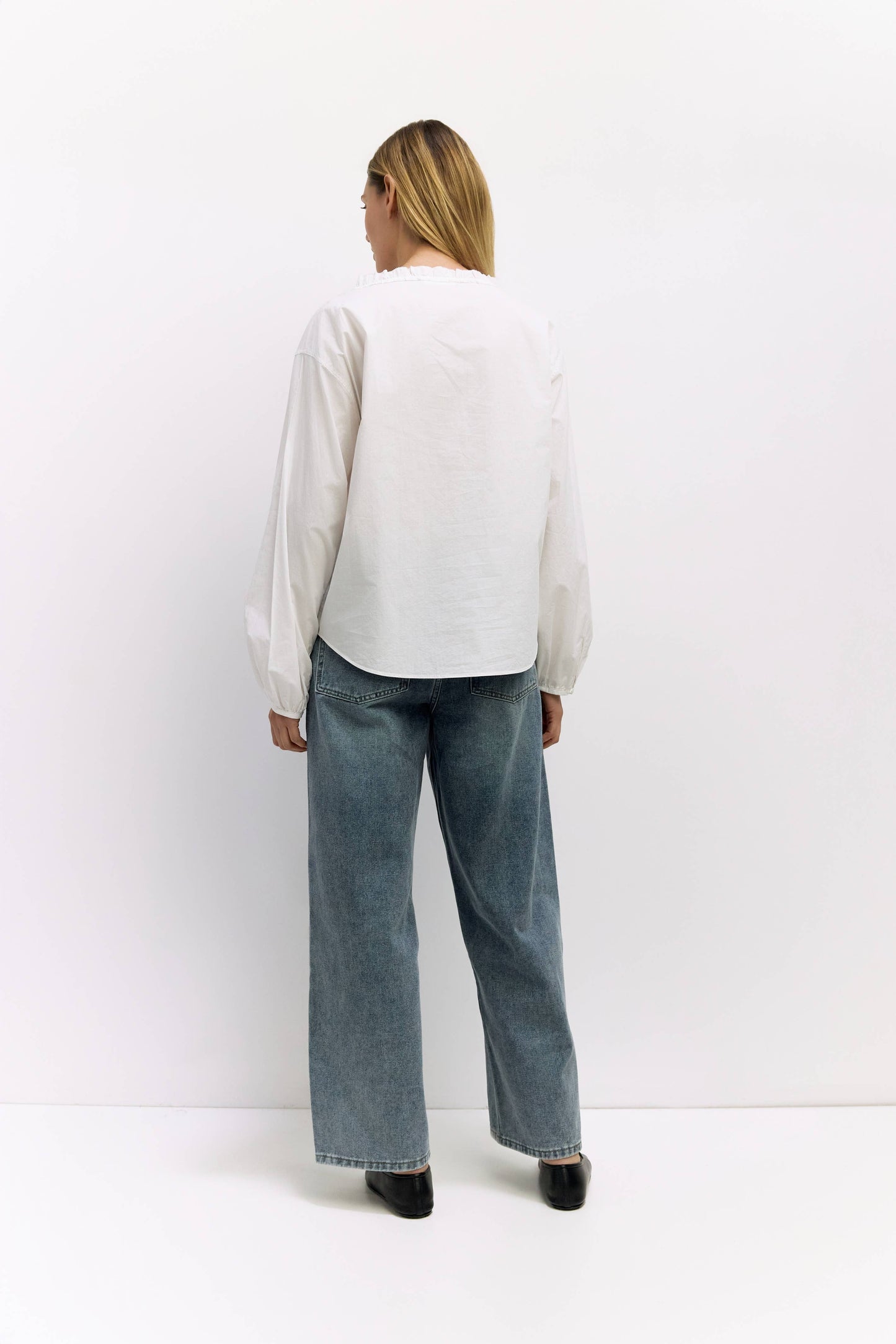 White Ruffle Button-Down Shirt