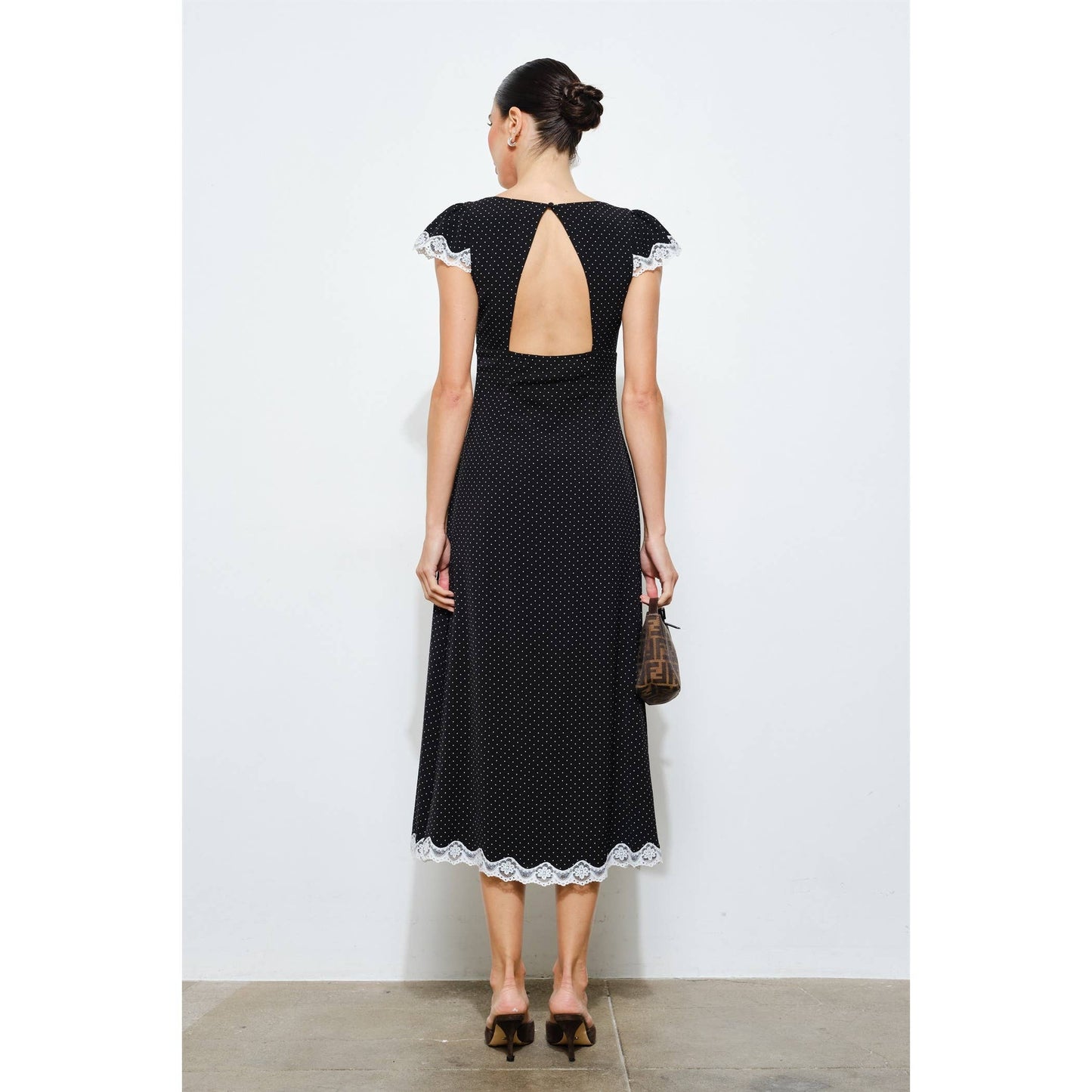 Black Polka Dot Lace Trim Midi Dress