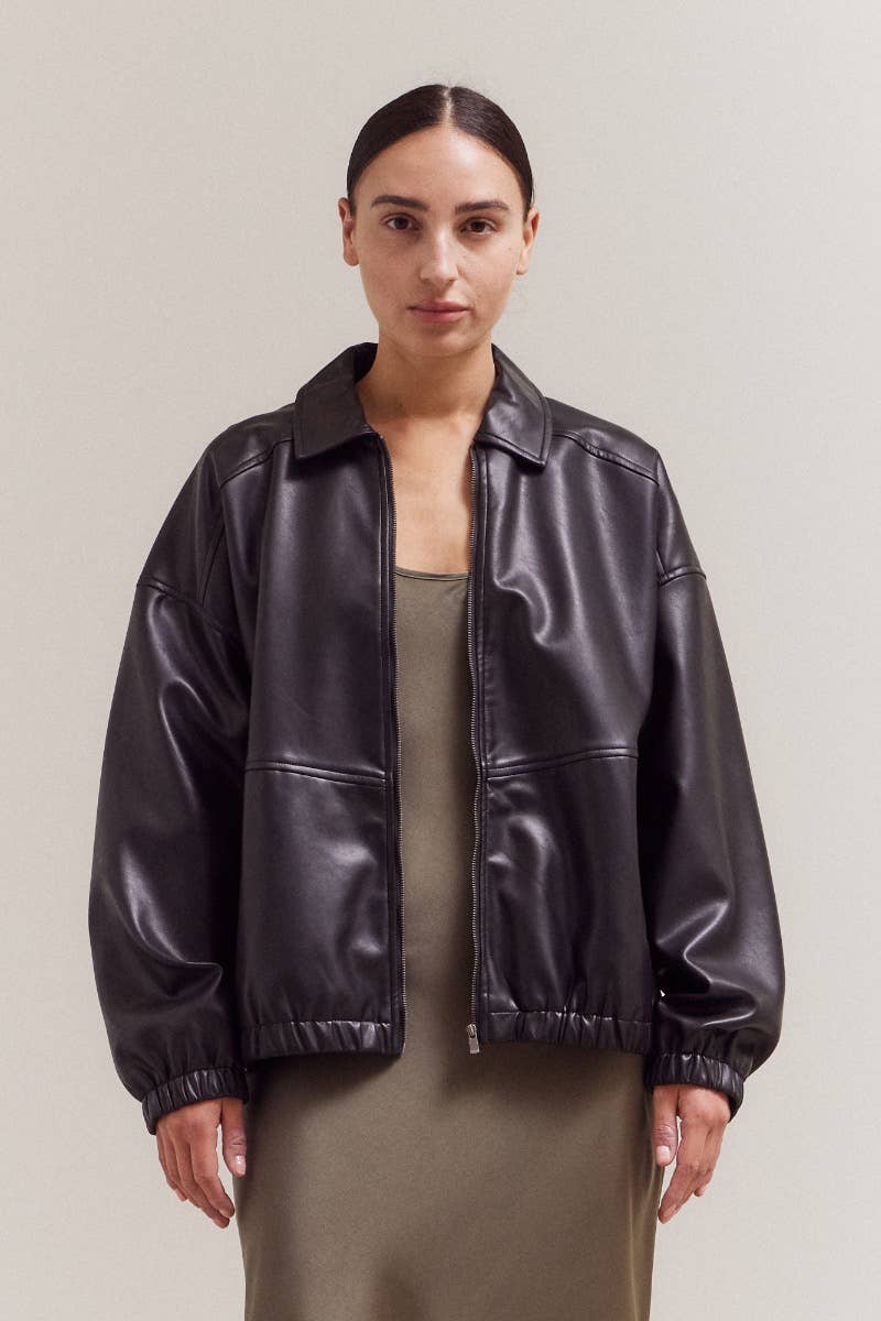 Black Vegan Leather Bomber Jacket