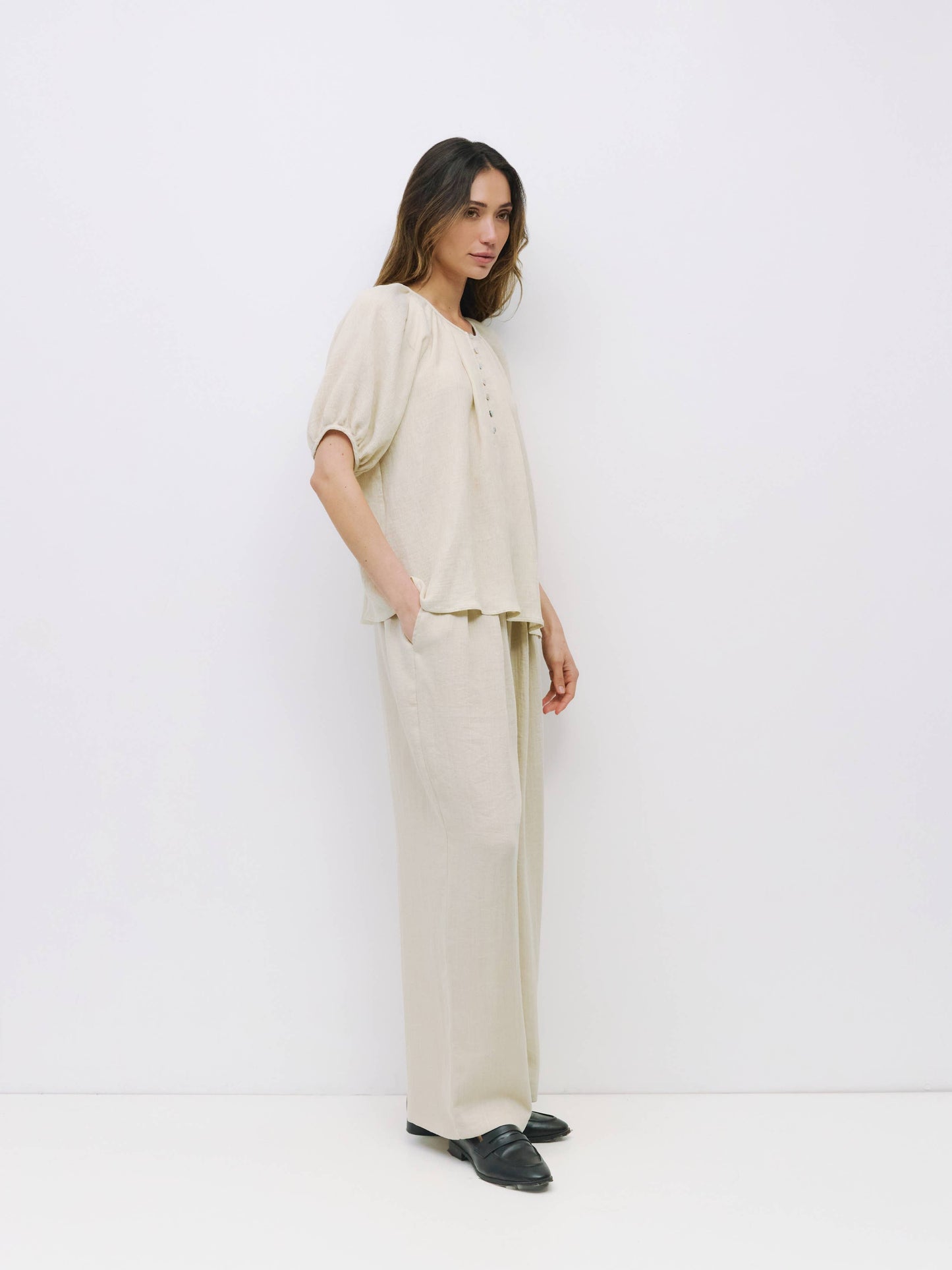 Pleated Half Button Blouse