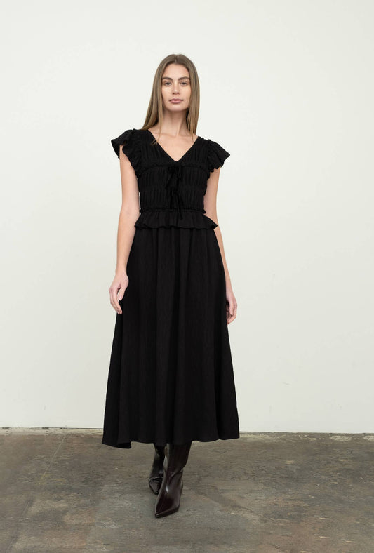 Black Shirred V-Neck Ruffle Trim Midi Dress