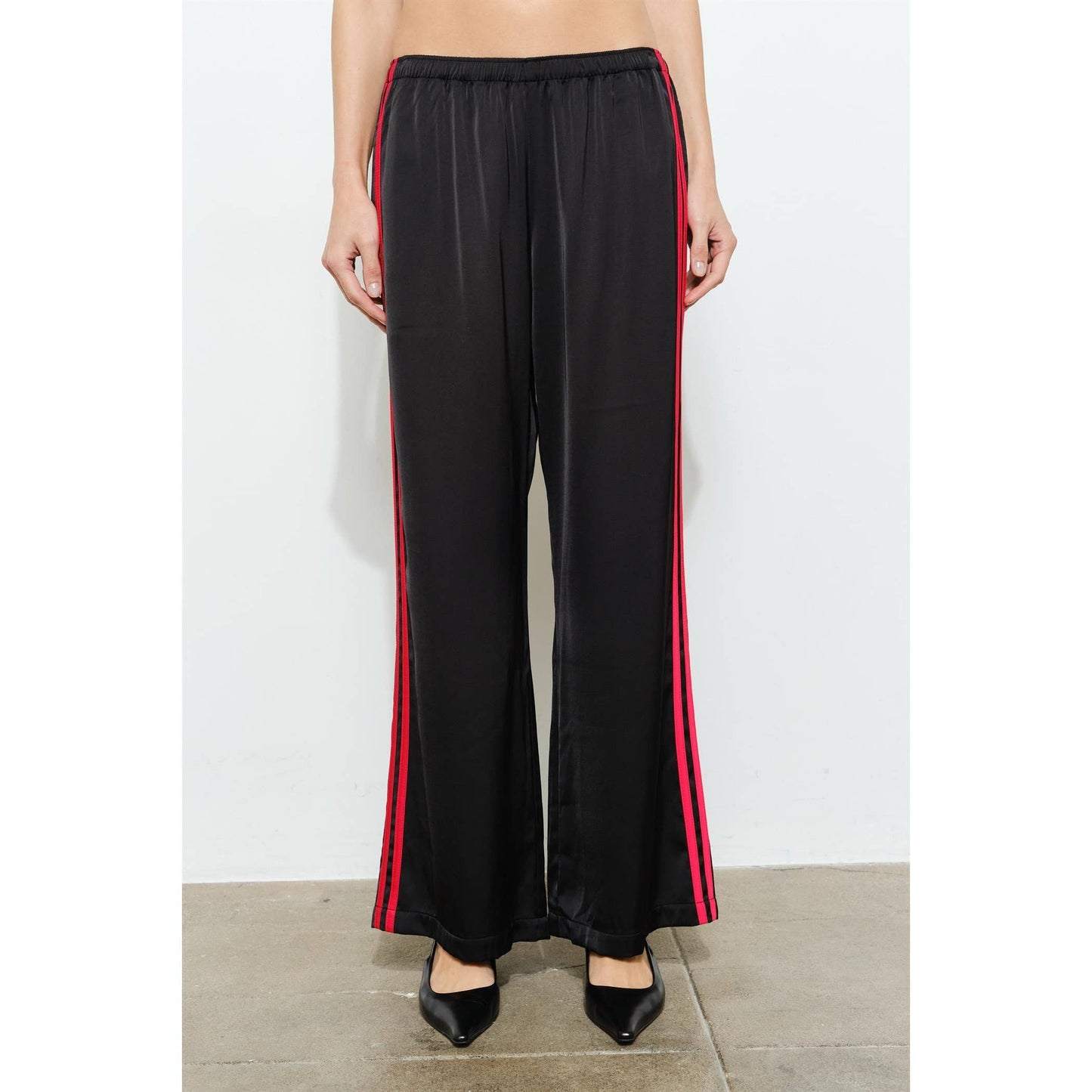 Black Satin Red Side Stripe Track Pants