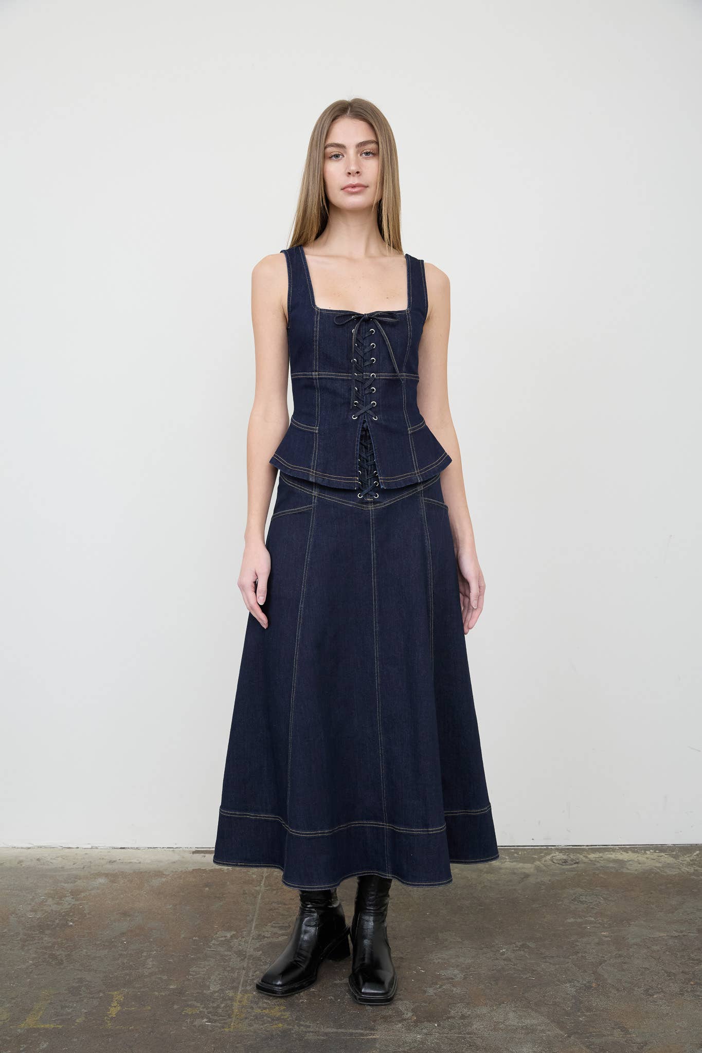 Denim Lace-Up Corset Peplum Top