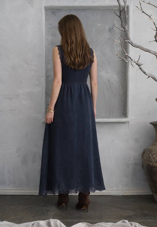 Blue V-Neck Lace Trim Midi Dress
