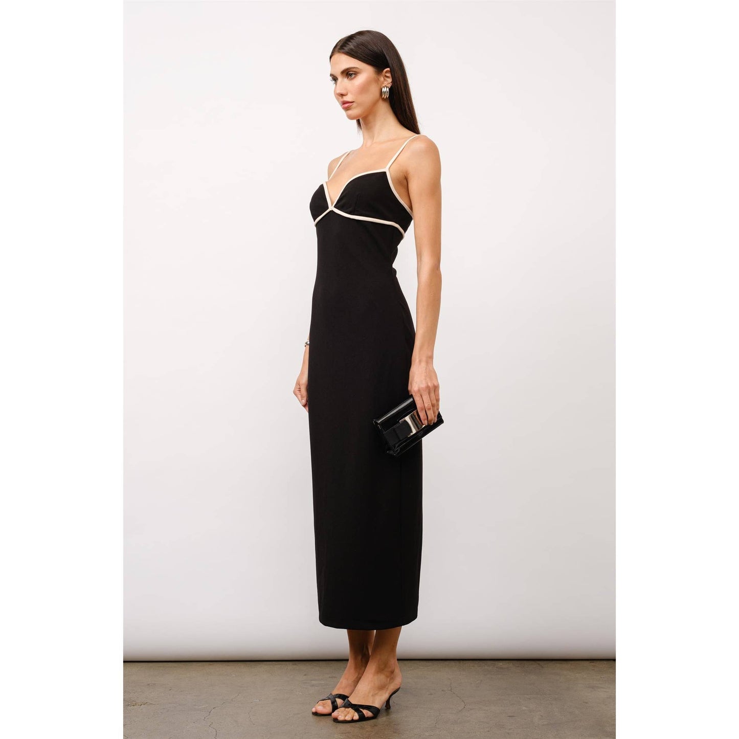 Black Crepe Maxi Dress with Contrast Trim