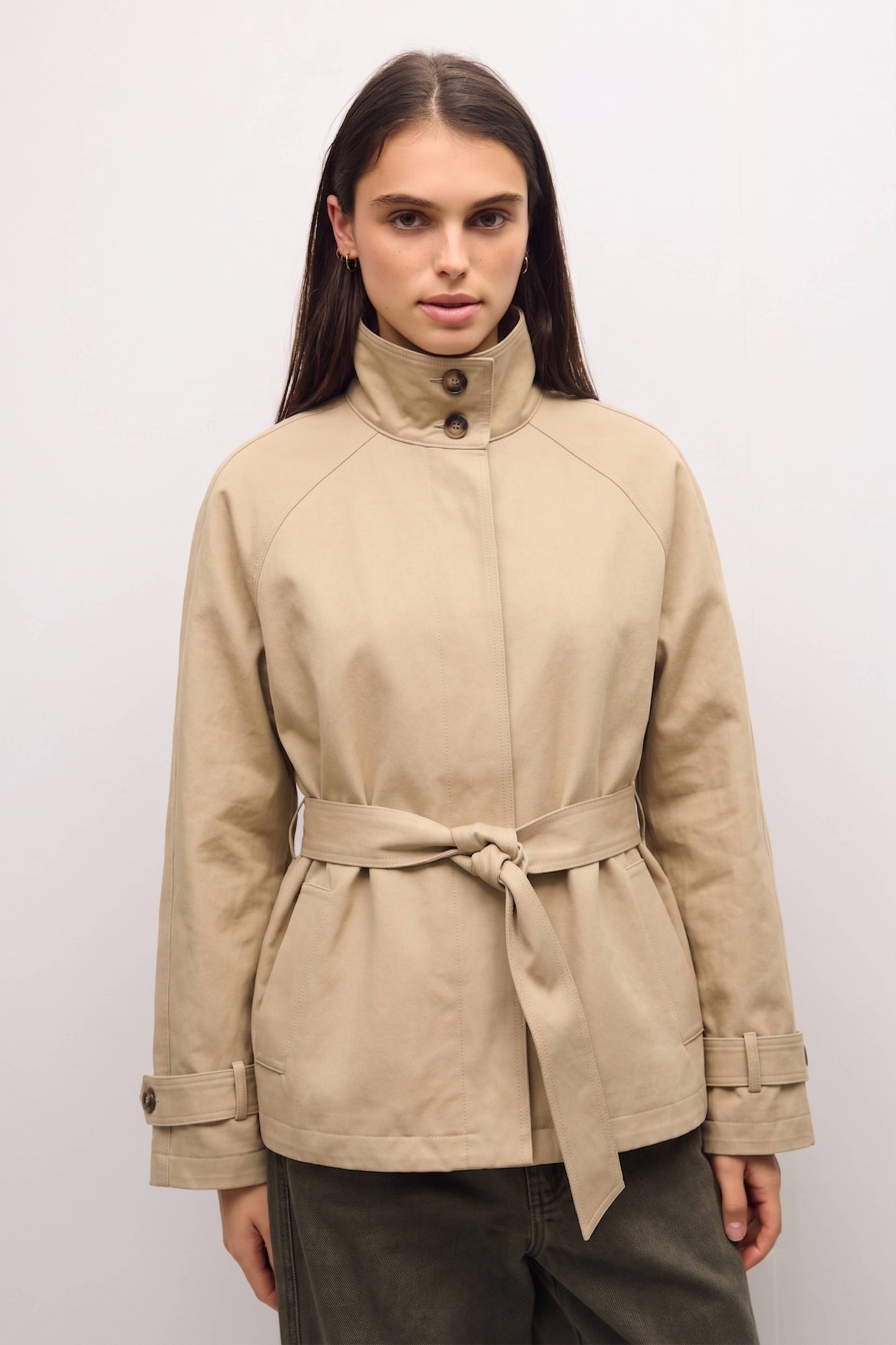 High Neck Belted Raglan Jacket