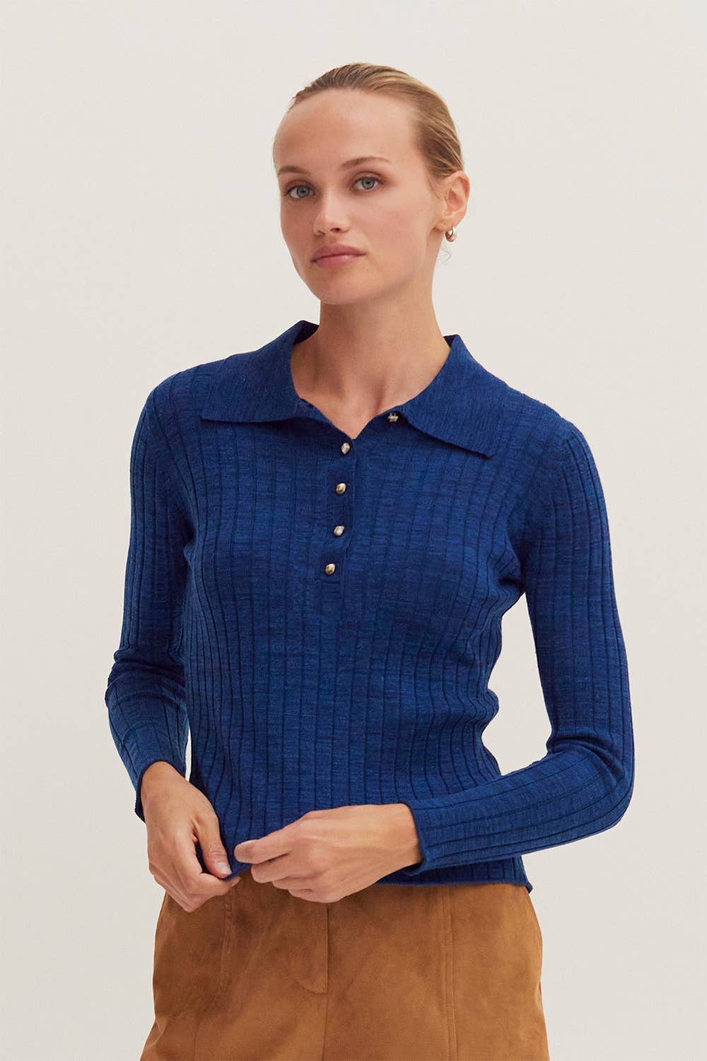 Blue Ribbed Long Sleeve Polo Sweater