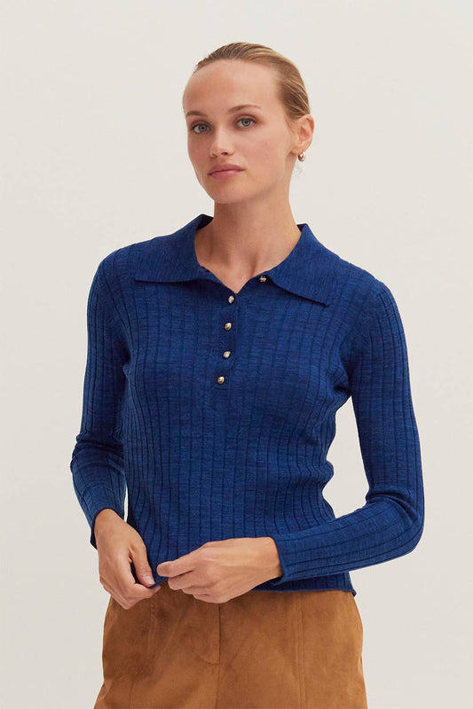 Blue Ribbed Long Sleeve Polo Sweater