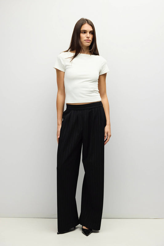 Black Pinstripe Pleated Wide Leg Pants