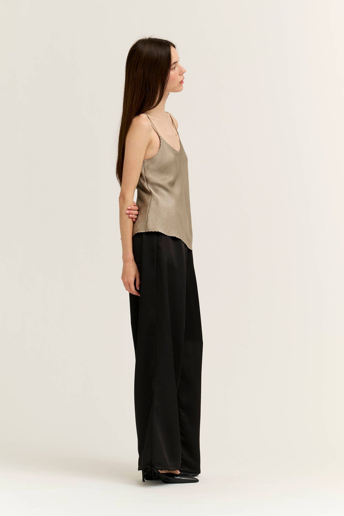 Light Taupe Scallop Edge Satin Tank