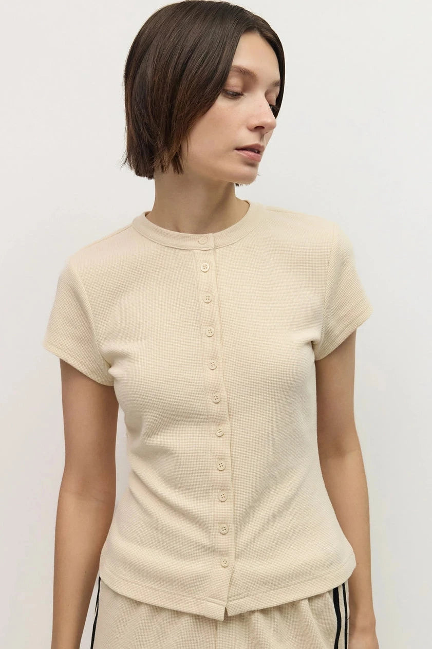 Waffle Knit Button Front Short Sleeve Top
