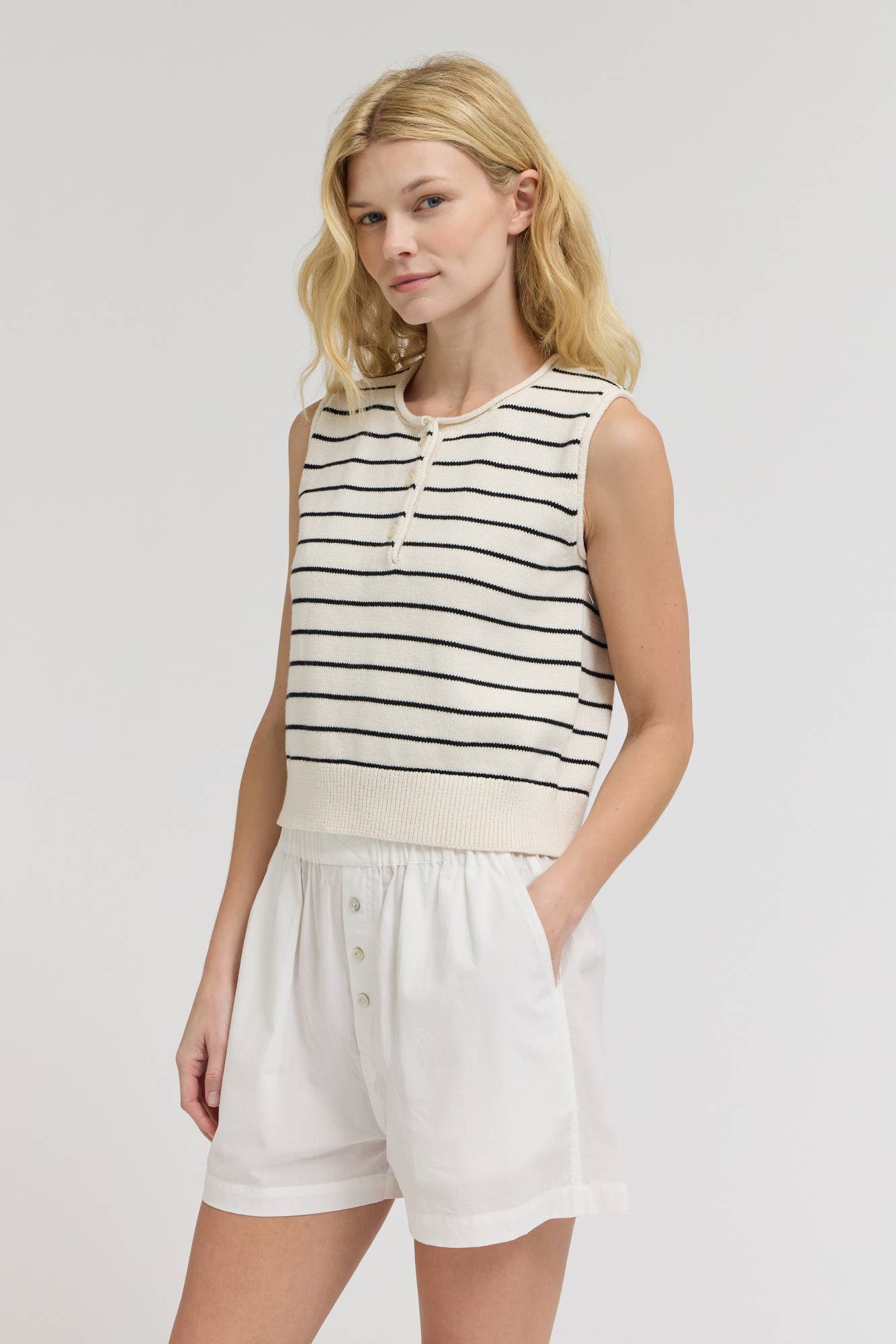 Cream Striped Cotton Knit Shell