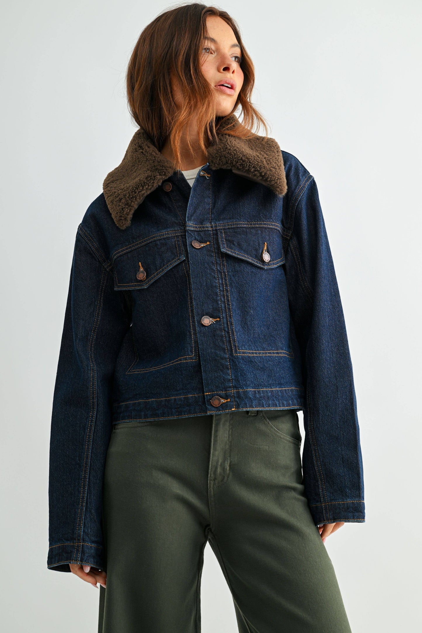 Dark Wash Denim Jacket with Faux Fur Collar