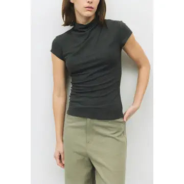 Cap Sleeve Mock Neck Gathered Top