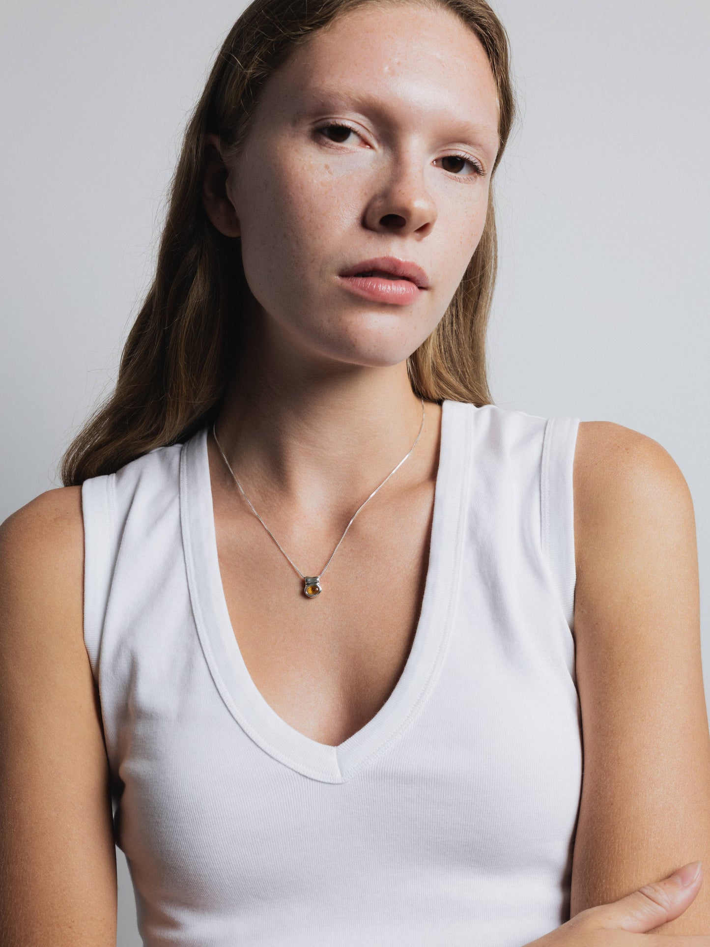 Silver Citrine Oval Pendant Necklace