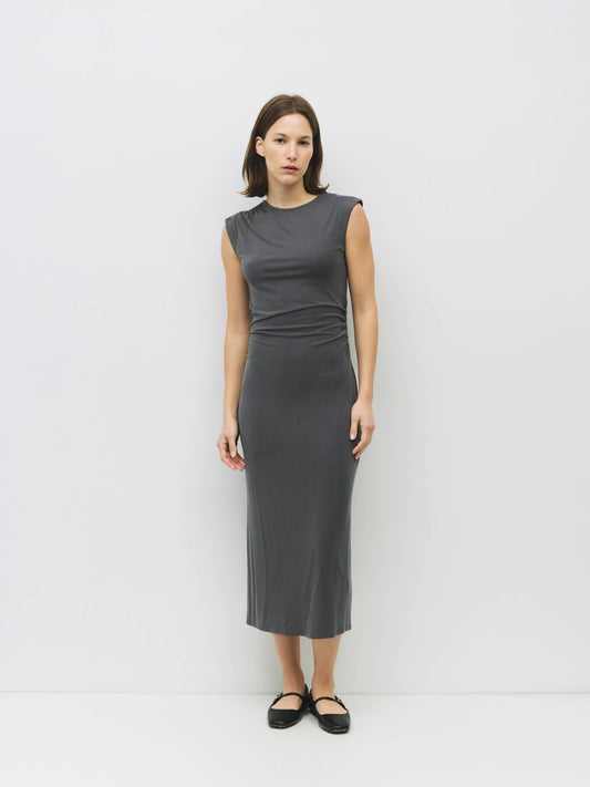 Charcoal Shirred Knit Midi Dress