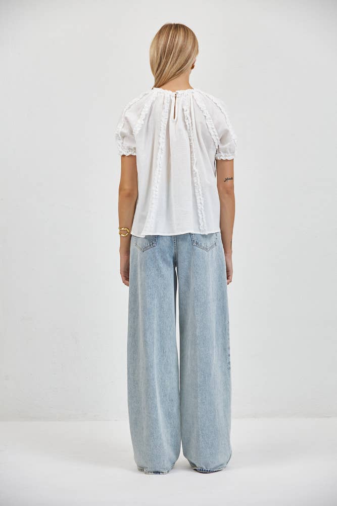 White Woven Cotton Short Sleeve Ruffle Top