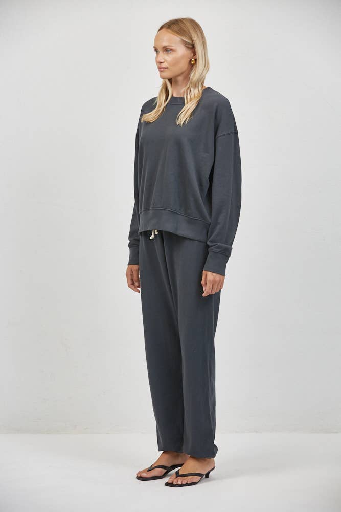 Washed Black Crew Neck Long Sleeve Top