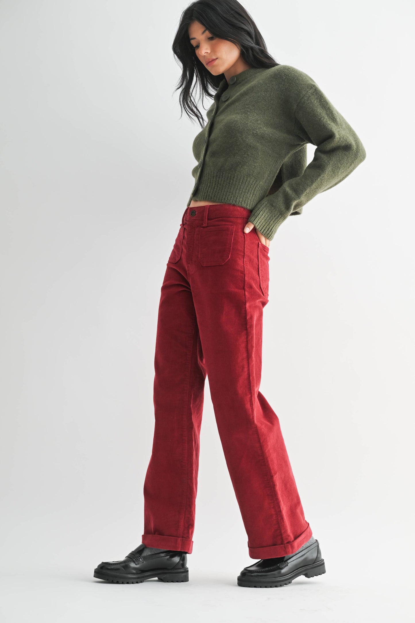 Dark Red Corduroy Patch Pocket Wide Leg Pant